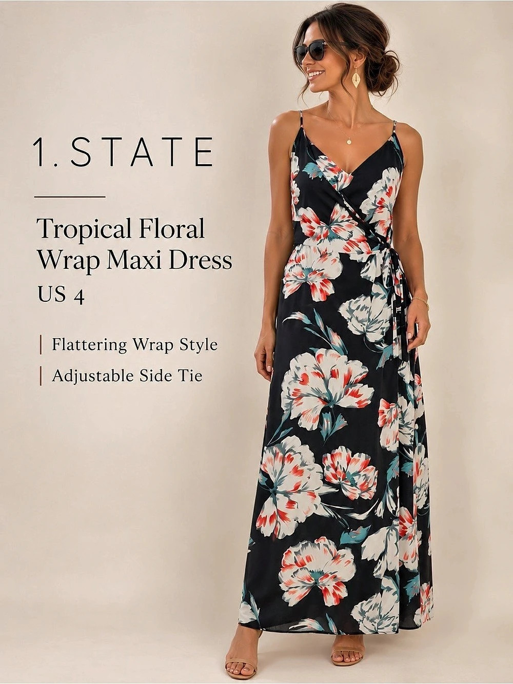 1.STATE Tropical Floral Wrap Maxi Dress Black Size 4